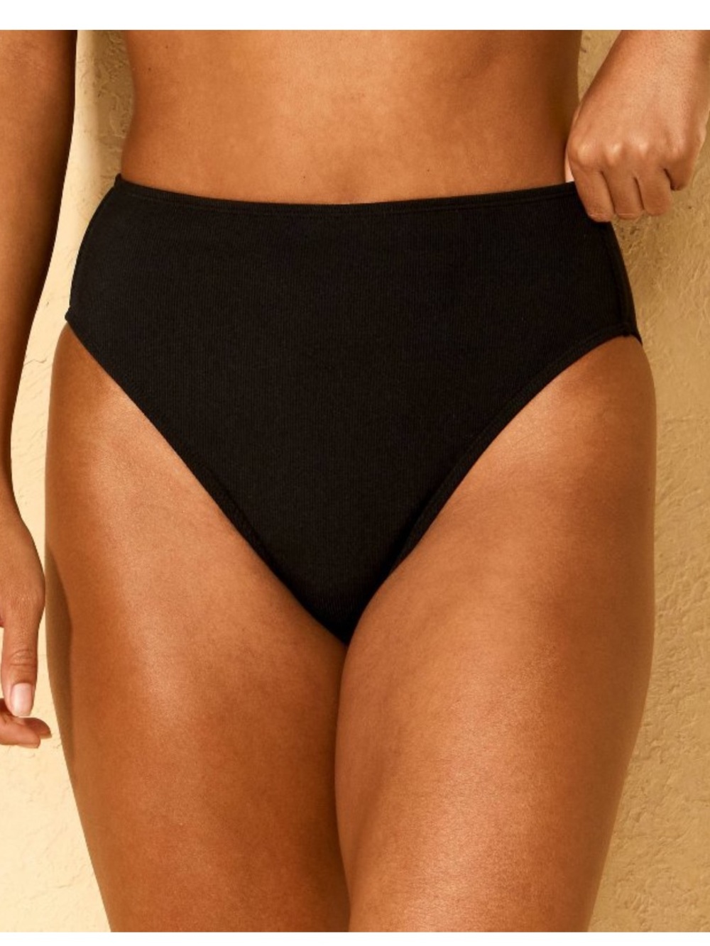 Women’s High-Waist High Leg Cheeky Black Bikini Bottom Ribbed textured Pattern